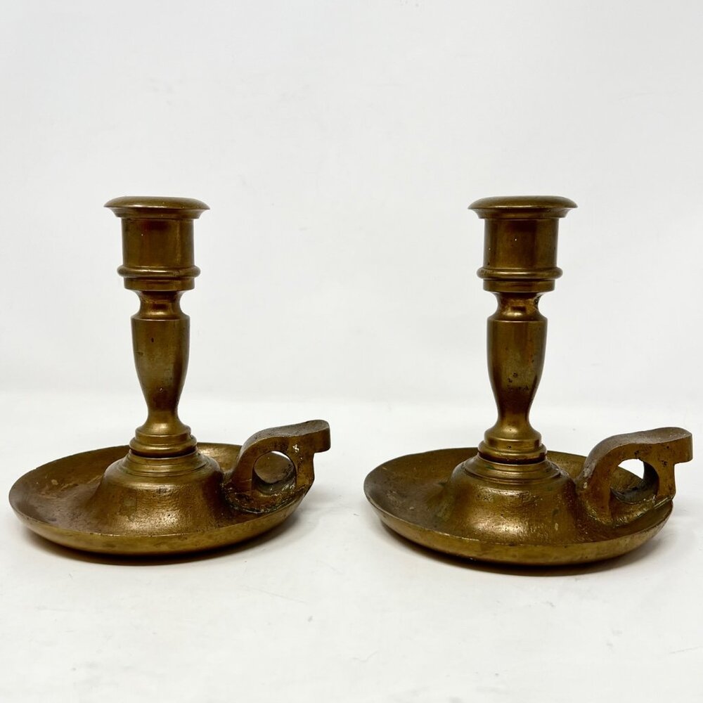 Vintage Brass Chamber Candlesticks Candle Holder Pair 6.5” Rustic Heavy Handmade